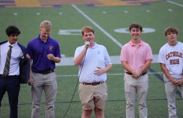 Candidates discuss student council elections at the opening pep rally on Wednesday, August 30th, 2023.